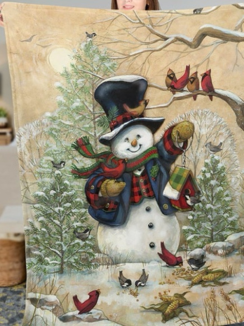 Festive Snowman Holiday Throw Blanket - Beige, Red & Green